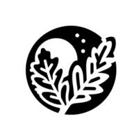 Stylized Black and White Illustration Oak Leaves Silhouette Enclosed in a Circle, with a Moonlike Background and Starlike Accents vector