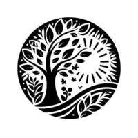 A stylized black and white circular illustration depicting a tree, sun, and foliage within a minimalist , evoking natures serenity. vector