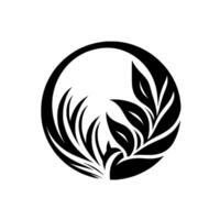A minimalist black and white emblem featuring stylized botanical elements grass, leaves, and a surrounding circle, creating a symmetrical, balanced . vector