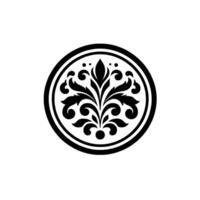 Symmetrical black and white floral in a circular frame, evoking classic elegance and timeless appeal with stylized flourishes and leaf motifs. vector