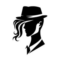 Sleek Silhouette A stylized portrait of a person in a fedora, hair cascading down, wearing a suit, rendered in bold black and white. vector