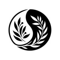 Yin and Yang Symbol with Botanical Flourishes A stylized, balanced composition of black and white elements depicting a Yin and Yang symbol interwoven with symmetrical, delicate leaf and berry motifs, vector