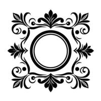 A symmetrical monochrome , featuring a central circular frame, adorned with intricate, stylized floral and foliate elements, creating a decorative, elegant composition. vector