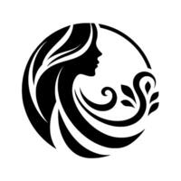 Elegant silhouette of a woman with flowing hair and floral accents within a circular frame, representing beauty and nature. vector