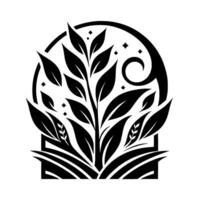 Stylized Monochrome Botanical Illustration Featuring a Central Plant with Flourishing Leaves, Enclosed by an Arch, Swirls and Sparkling Elements. vector
