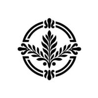 Intricate symmetrical black floral emblem enclosed within a doublelined circular frame on a stark white background. vector