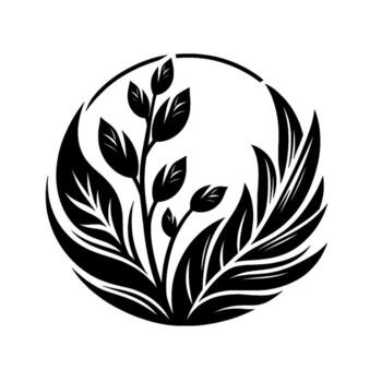 monocromo botánico ilustración presentando estilizado hojas y ramas arreglado en un circular , simbolizando crecimiento y armonía. vector