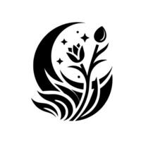 Symbolic Floral Crest A stylized black and white featuring a crescent moon embracing stylized plants, stars, and a closed bud and an open blossom vector