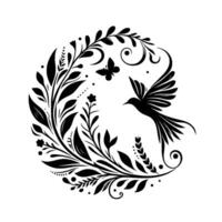 Elegant Black Silhouette Hummingbird in Flight Surrounded by Floral Butterfly Elements, Gracefully Composed in a Circular . vector