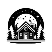 Black and White Minimalist Scene Cabin Under a Starry Night Sky with Pine Trees and a Glowing Moon. vector