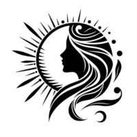 Silhouette of a womans profile within a circle, framed by stylized sunburst elements and flowing hair patterns, rendered in bold black on a white background. vector