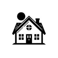 A minimalist, symmetrical black and white illustration of a house with a round window and a sun, evoking simplicity and comfort. vector