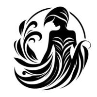 Elegant silhouette of a woman enveloped in swirling floral motifs within a circular frame, rendered in bold black and white, exuding grace. vector