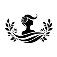 Elegant Silhouette of a Woman Adorned with a Rose, Framed by Floral Accents, Set Against a Pristine White Backdrop. vector