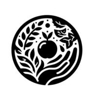 Symbolic monochrome circular illustration of an apple embraced by caring hands, encircled by leaves and branches, representing natures bounty. vector