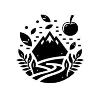 Monochrome Mountain Scene Stylized black silhouette of a mountain range with a flowing river, apple, and foliage elements, creating a cohesive natureinspired . vector