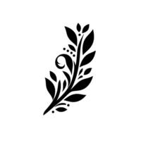 A bold, minimalist botanical illustration featuring a stylized black sprig with swirling accents, leaves and dots, set against a clean white background. vector