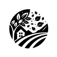 A monochrome circular depicting a home and farmland scene with a tree and falling leaves, symbolizing nature and tranquility. vector