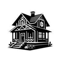 Stylized Black and White Illustration of a Classic American House with Porch, Gables, and Decorative Elements. vector