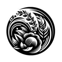 Intricate Black and White Floral Within a Circle, Featuring Leaves and a LotusLike Bloom, Evoking Symmetry and Elegance. vector