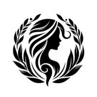 Elegant Silhouette of a Woman Within a Laurel Wreath, Emphasizing Femininity and Grace in a Minimalist, Black and White . vector