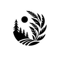 Black and white minimalist Yin Yang composition of a forest scene with sun and wheat stalks, evoking balance. vector