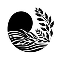 Elegant Black and White Minimalist Featuring a Crescent Sun, Flowing Waves, and Leafy Branches Inside a Circle. vector