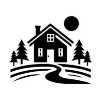 A minimalist black and white illustration of a house with a chimney, framed by pine trees, a winding path, and a sun, conveying a sense of tranquility. vector