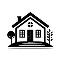 Simplified Black and White Illustration of a Cozy Home with a Chimney, Trees, and a Minimalist , on a White Background. vector