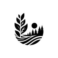 A stylized minimalist nature scene features a curving landscape, stylized trees, a sun, and a leafy plant, all rendered in a black and white, like . vector