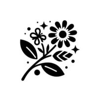 Black and white floral featuring a daisy, butterfly, and leaf arrangement, with sparkling accents on a minimalist background. vector