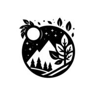 A monochromatic nature scene within a circle, depicting mountains, trees, a night sky with stars and moon, and stylized leaves. vector
