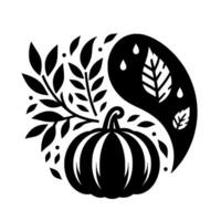 A stylized black and white Yin Yang composition featuring a pumpkin, leaves, and a water droplet symbolizing balance and seasonal elements. vector