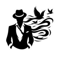 Silhouette of a Man in a Suit with Birds Emerging, Symbolizing Freedom and Release Against a Pure White Background. vector