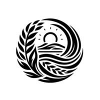 A Circular, Black and White Minimalist Showcasing a Landscape with Sun, Hills, Water, Wheat, and a Sense of Tranquility and Harmony. vector