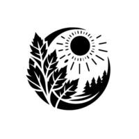 A symmetrical, monochrome emblem of a sunburst centered in a circular frame, adorned with stylized leaf branches and a silhouette of a conifer forest. vector