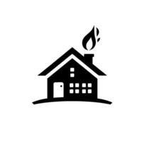 A minimalist black silhouette of a house with smoke rising from the chimney, set against a stark white backdrop, evoking simplicity and warmth. vector