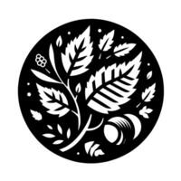 Elegant Black and White Botanical Illustration A symmetrical, stylized depiction of leaves, berries, and an acorn within a circular frame, exuding a minimalist, natureinspired aesthetic. vector