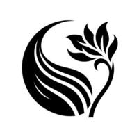 Elegant, minimalist black and white floral , featuring a stylized flower and swirling leaves within a circular shape. vector