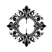 Symmetrical Black Flourish on White Background, Featuring Ornate Floral and Scrollwork Elements, with a Central Circular Opening. vector