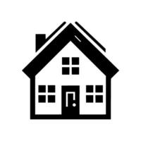 A minimalist illustration of a black and white house, featuring a gable roof, chimney, windows, and door, against a plain white background. vector