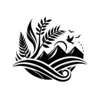 A stylized black and white emblem featuring mountains, birds, foliage, sun, and swirling water elements within a circular composition. vector