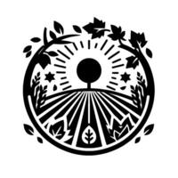 A circular black and white illustration of a farm field beneath a radiant sun and framed by foliage and branches, embodying natures bounty. vector