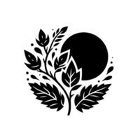 A minimalist botanical illustration featuring a central plant arrangement with stylized leaves and a dark circle against a pristine white background, conveying elegance. vector