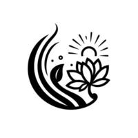 Serene Black and White Lotus Flower and Sunrise. Simple and elegant with flowing lines and natural elements, symbolizing purity and peace. vector