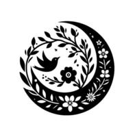 A black and white circular featuring a silhouette of a bird in flight, framed by a crescent moon, botanical branches, and stylized flowers, set against a white backdrop. vector