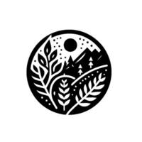 A stylized black and white circular emblem featuring nature elements mountains, trees, a sun, foliage, and a starry sky. vector