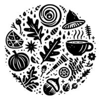 Whimsical Autumn Circle Monochrome illustration of fall harvest elements, warm beverage, and natural motifs. vector