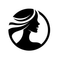 Elegant Silhouette A womans profile gracefully framed within a circle, black on white, capturing beauty and serenity. vector