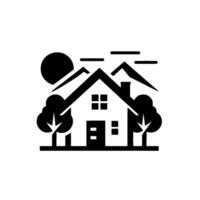 Stylized Black and White Silhouette of a House with Trees, Mountains, and Sun in a Simple Geometric . vector